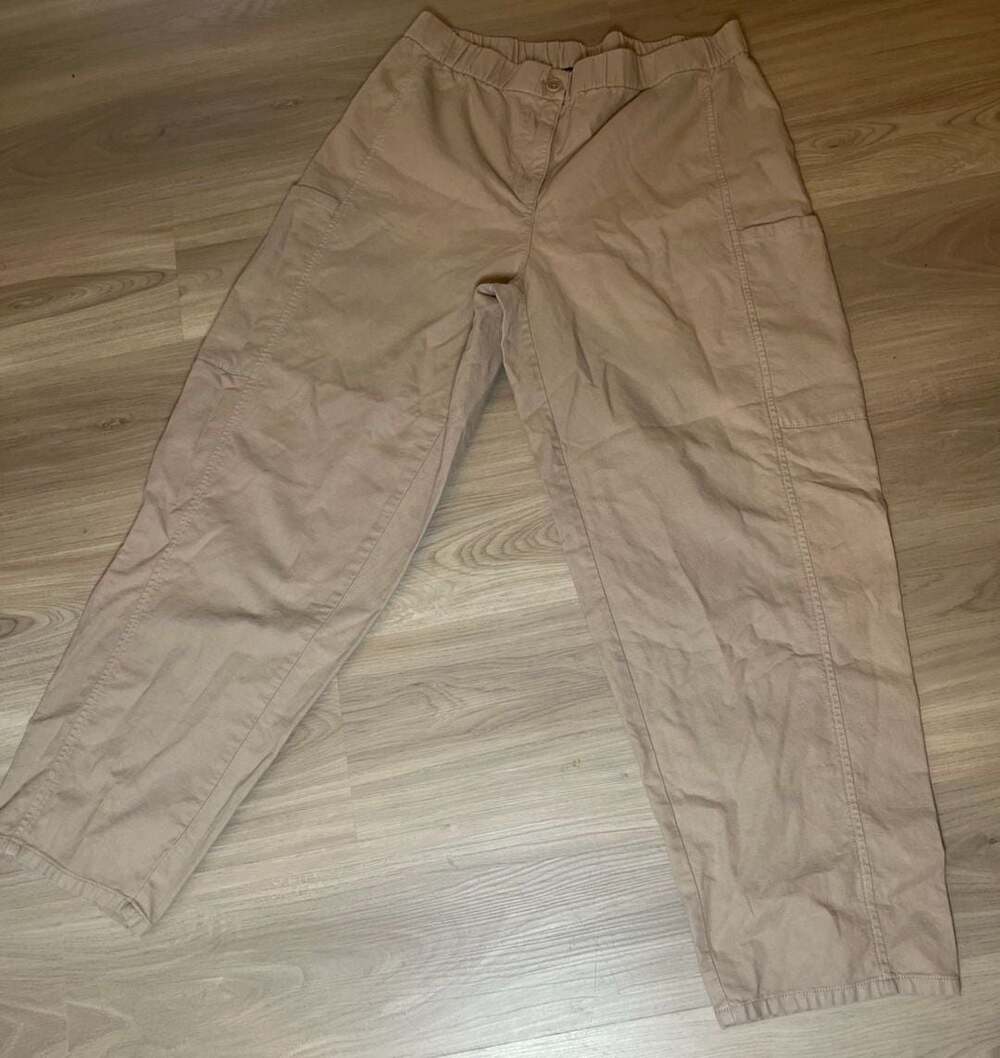 Eileen Fisher Women's Khaki Cotton Cargo Utility Pants with Elastic Waist